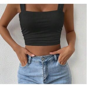 black sheer strap ruched top (L) NWOT